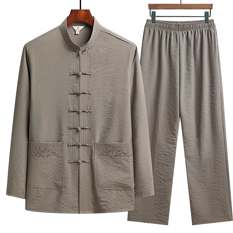 Chinese Style Cotton Linen Tang Suit Casual  Spring Autumn Men's Long-sleeved Shirt Pants Two-pieces Fashion Men Sets