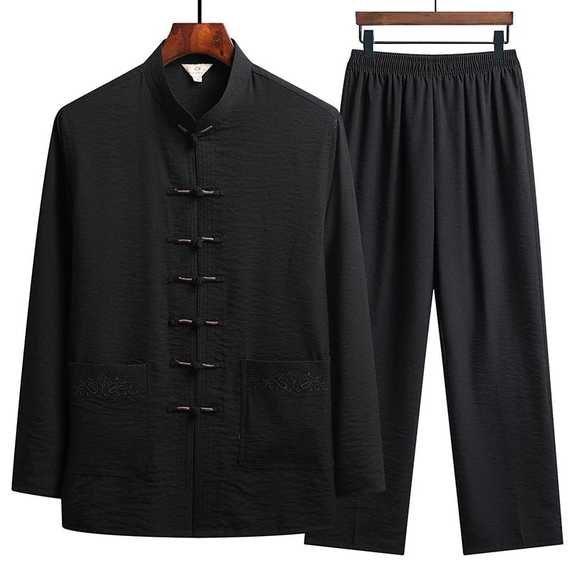 Chinese Style Cotton Linen Tang Suit Casual  Spring Autumn Men's Long-sleeved Shirt Pants Two-pieces Fashion Men Sets