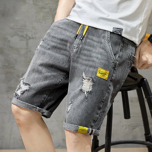 Summer Men's Grey Blue Drawstring Denim Shorts Fashion Slim Elastic Hole Five Points Jeans Shorts