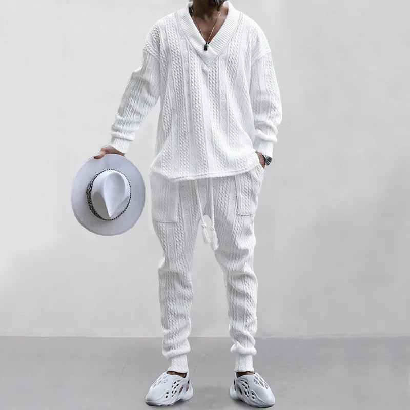 Male Beach Set Quick Dry Hawaiian Casual Pants V-neck All Matching Jacquard Knit Men's Suit Solid Color Long-Sleeved Top+Pants