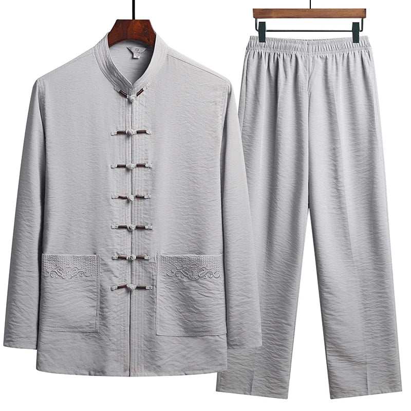 Chinese Style Cotton Linen Tang Suit Casual  Spring Autumn Men's Long-sleeved Shirt Pants Two-pieces Fashion Men Sets