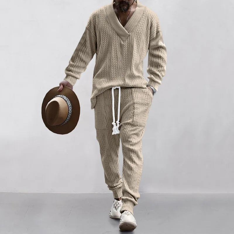 Male Beach Set Quick Dry Hawaiian Casual Pants V-neck All Matching Jacquard Knit Men's Suit Solid Color Long-Sleeved Top+Pants