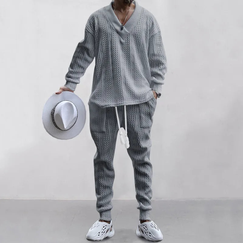 Male Beach Set Quick Dry Hawaiian Casual Pants V-neck All Matching Jacquard Knit Men's Suit Solid Color Long-Sleeved Top+Pants