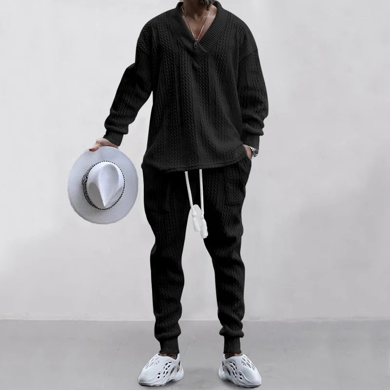 Male Beach Set Quick Dry Hawaiian Casual Pants V-neck All Matching Jacquard Knit Men's Suit Solid Color Long-Sleeved Top+Pants