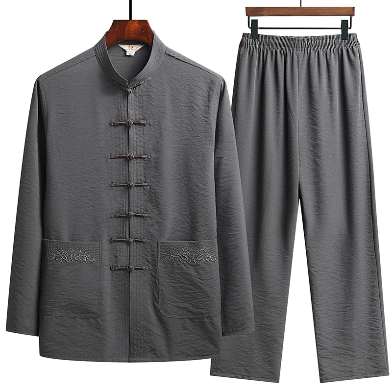 Chinese Style Cotton Linen Tang Suit Casual  Spring Autumn Men's Long-sleeved Shirt Pants Two-pieces Fashion Men Sets