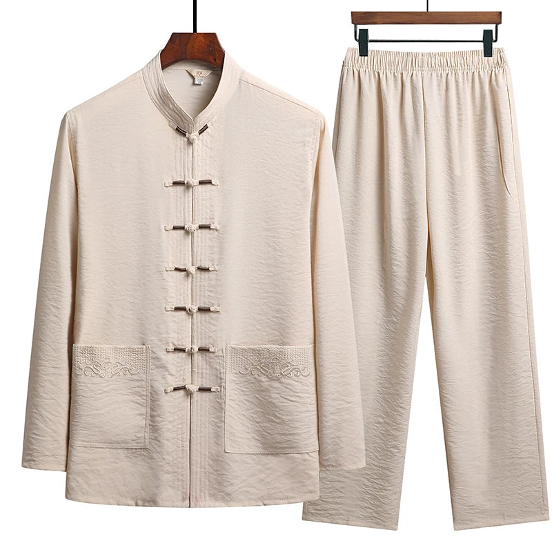 Chinese Style Cotton Linen Tang Suit Casual  Spring Autumn Men's Long-sleeved Shirt Pants Two-pieces Fashion Men Sets