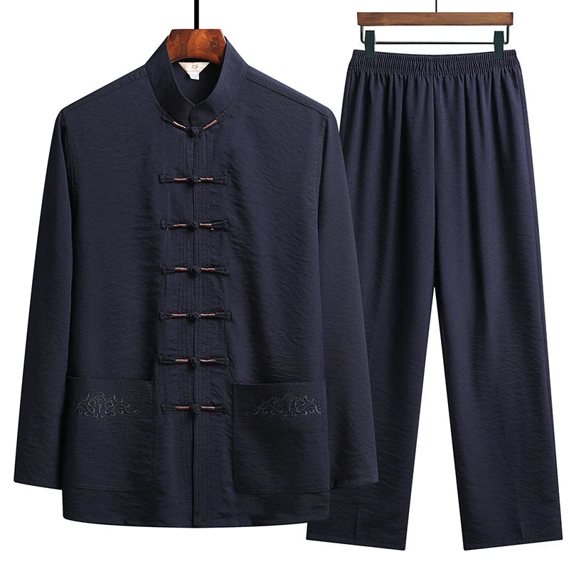 Chinese Style Cotton Linen Tang Suit Casual  Spring Autumn Men's Long-sleeved Shirt Pants Two-pieces Fashion Men Sets