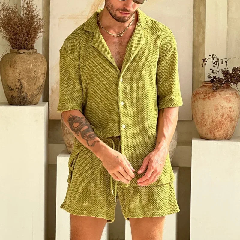 Beach Style Breathable Knitted Mens Set Summer Casual Pure Color Short Sleeve Knit Shirt And Shorts Two Piece Suits Men Outfits